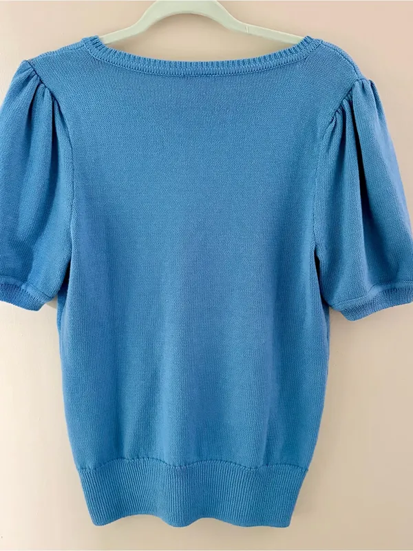 Ann Taylor Factory Blue Short Sleeve Puff Sleeve V-Neck Knit Sweater Top Size M - Image 3