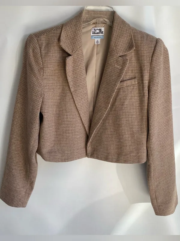 Future Collective tan wool plaid cropped blazer equestrian preppy fall jacket M Size M - Image 2