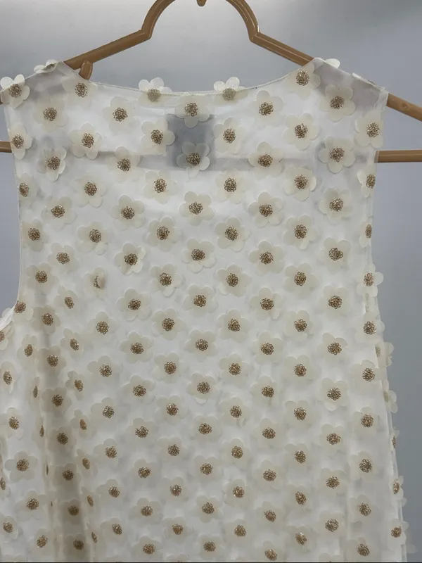 Lili Sidonio cream sheer overlay 3D daisy metallic gold S Mini Dress sleeveless - Image 3