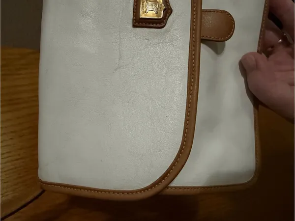 Celine crossbody bag White Leather Tote with Brown Trim and Gold Plaque - Image 2