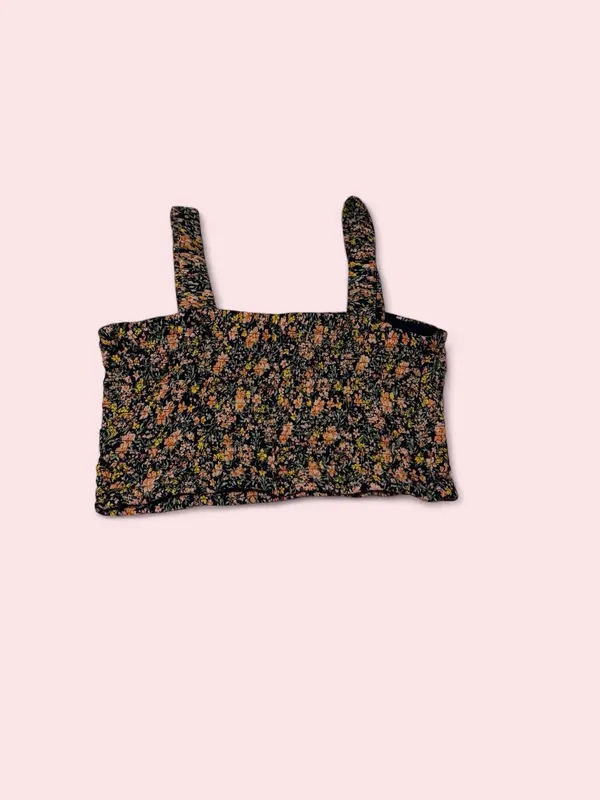 American Eagle Outfitters Black Floral Smocked Crop Tank - Image 2