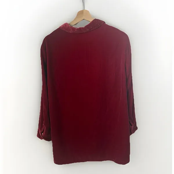 Coldwater Creek Velvet Button Up Red Western Boho Lagenlook Cranberry Blouse L - Image 2