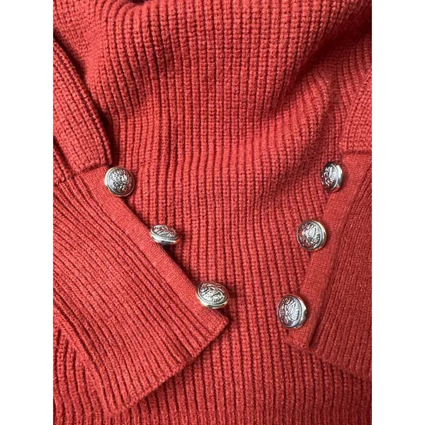 Dark Red Ribbed Knit Cowl Neck Sweater With Button Accents Womens M Cozy Fall - Image 5