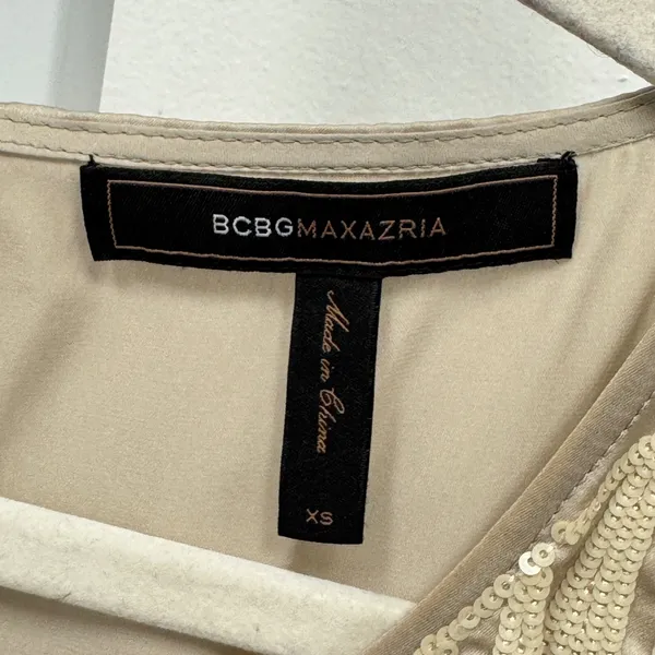 BCBGMAXAZRIA Silk Mini Dress Pebble Beige‎ Sequin Embroidered Champagne Party XS - Image 7