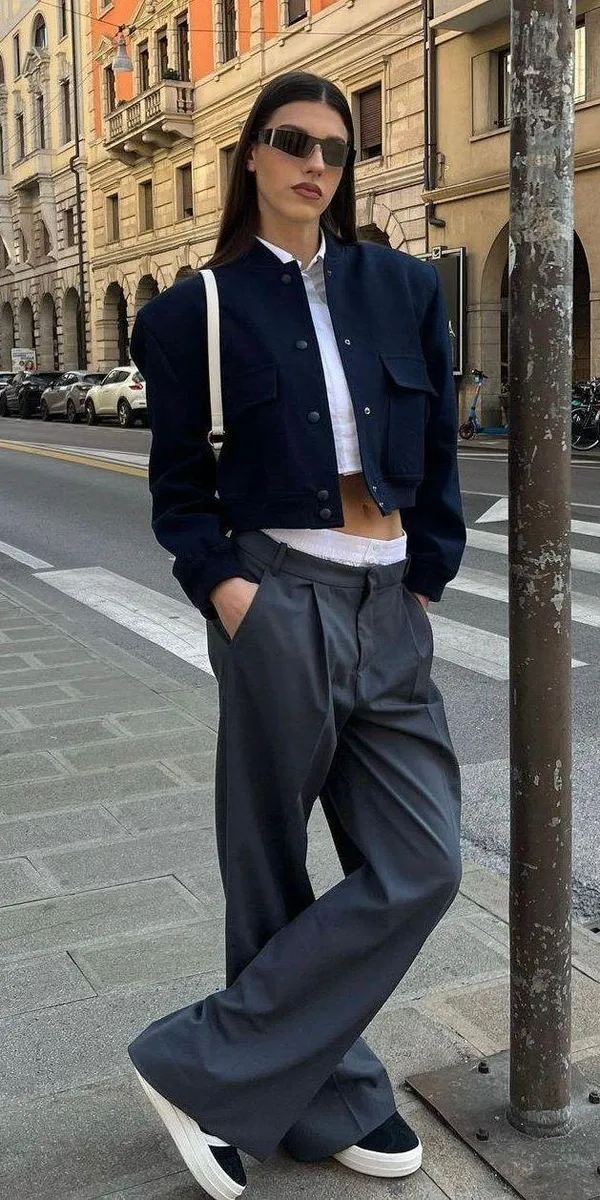 ZARA Casual Bomber Jacket Coat Navy Blue Cropped Blogger - Image 4