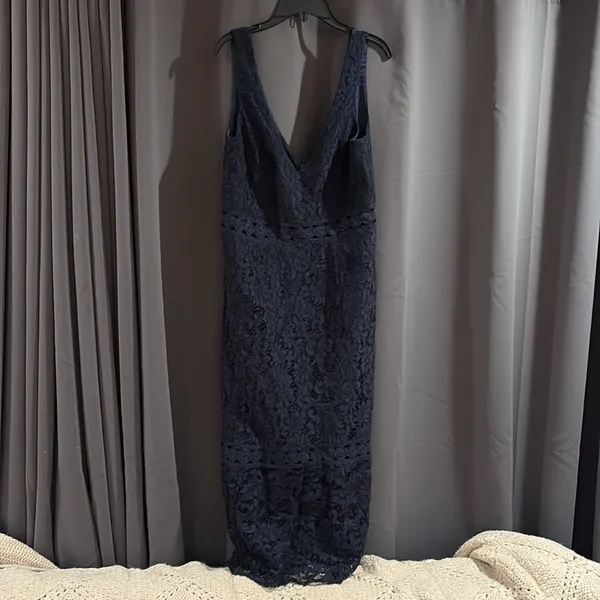 Bardot Fiona Lace Trumpet Midi Dress , Cocktail Sheath Flounce Sleeveless Navy - Image 5