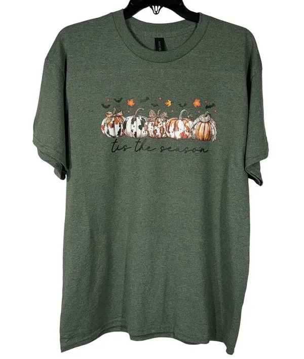 Gildan Tis the Season Pumpkins Fall Vibes Women’s Large Military Green T-Shirt - Image 3