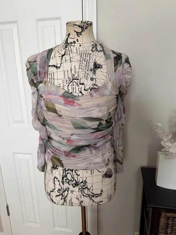 Express Floral Mesh Ruched Body contour Blouse sheer long-sleeved top crop y2k multi color M - Image 2