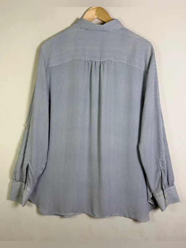 LOFT Women XL Blue White Striped Button Down Shirt Roll Tab Coastal Oversized - Image 7