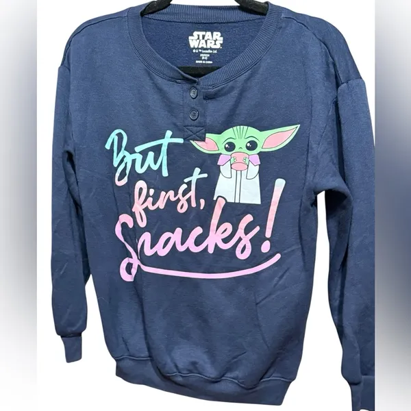 Star Wars Navy Baby Yoda Pajama Lounge Sweatshirt Top “But First, Snacks!”‎ XS - Image 5