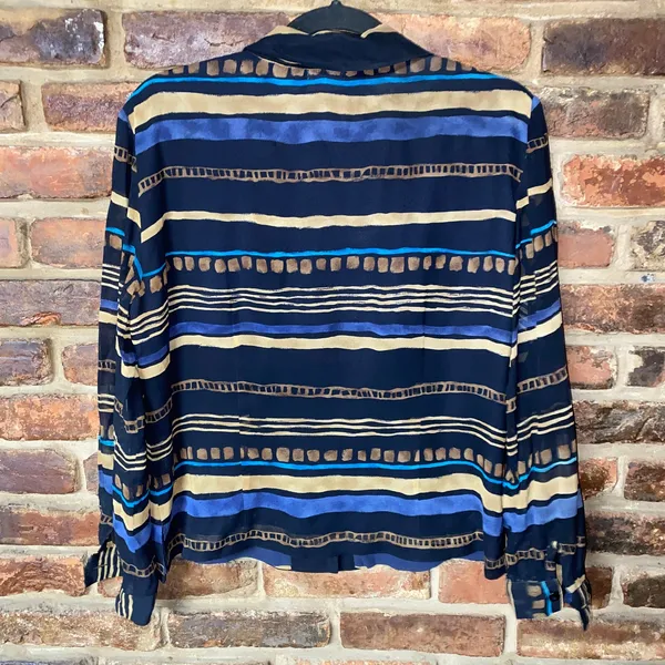 Dana Buchman Blue Brown Striped Silk Striped Button Down Shirt Women's Size 12P - Image 7
