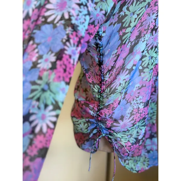 Free People Floral Ruched Side Button Down Shirt Purple Blue Small boho whimsi‎ - Image 3