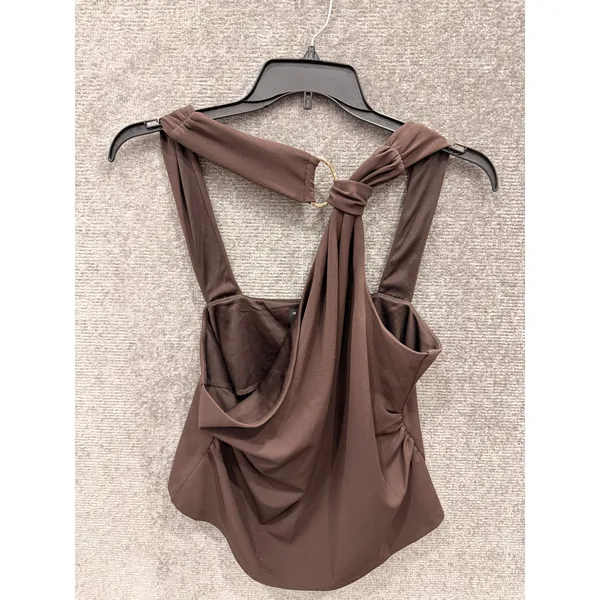 ASOS DESIGN Womens One Shoulder Top Large Brown Draped Gold Ring Asymmetric - Image 2