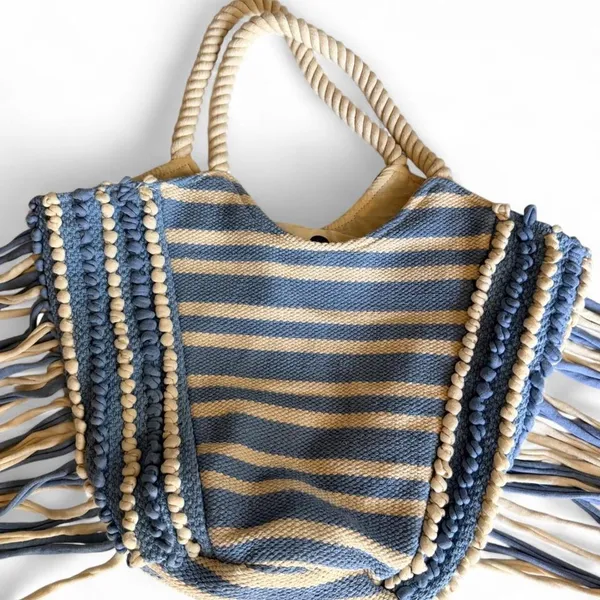 NWOT Blue Cream Boho Fringe Tote Bag Rope Handle - Image 4