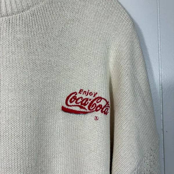 Vintage 80s Velva Sheen Cream Embroidered Coca Cola Knit Pullover Sweater Large - Image 2