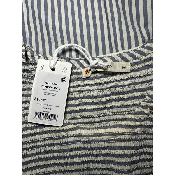 Marine Layer Darcy Smocked Poplin Dress M Pima Cotton NWT Navy Stripe - Image 16