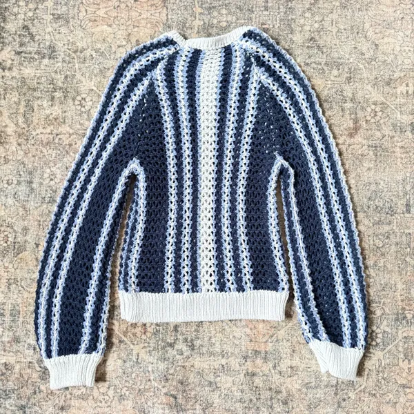 Free People Dayton Beach Navy White Striped Open Knit Crochet Sweater XS - Image 5