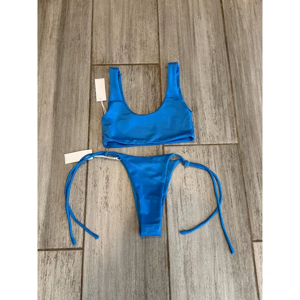 NEW AEXAE Tyra Bikini Set Ibiza Blue Tie Side Thong Swim Women Size XS Beach - Image 3