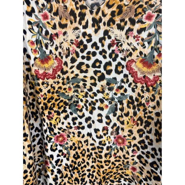Savanna Jane Leopard Floral Embroidered Blouse Womens L Tan Black Excellent Boho - Image 11