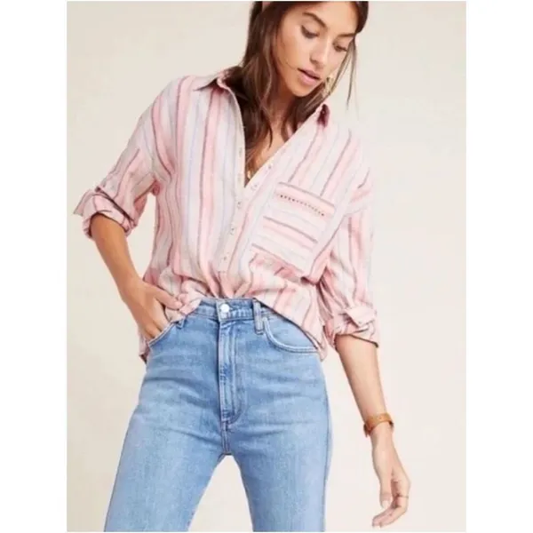 Anthropologie Maeve Lida linen blend pink striped 1/4 button blouse women’s S - Image 6
