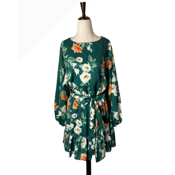 Baltic Born Tally Mini Dress Women XL Green NWT Floral Long Sleeve Ruffle Boho - Image 2