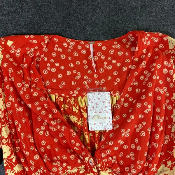 Free People Red Floral Mixed Print Blouse Flared Sleeve Smocked Back L Boho NWT - Image 9