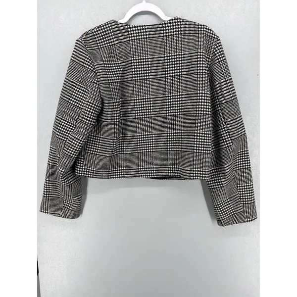 H&M Womens Jacket Houndstooth Cropped Silver Crest Button Black‎ White M - Image 3