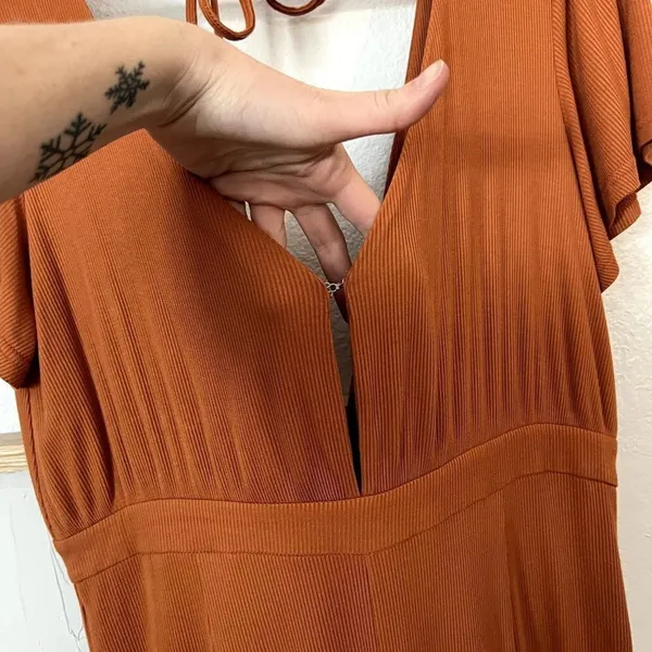 MINKPINK Allison + UO Orange Allison Wide Leg Ribbed Deep Plunge Backless Jumpsuit Medium - Image 6
