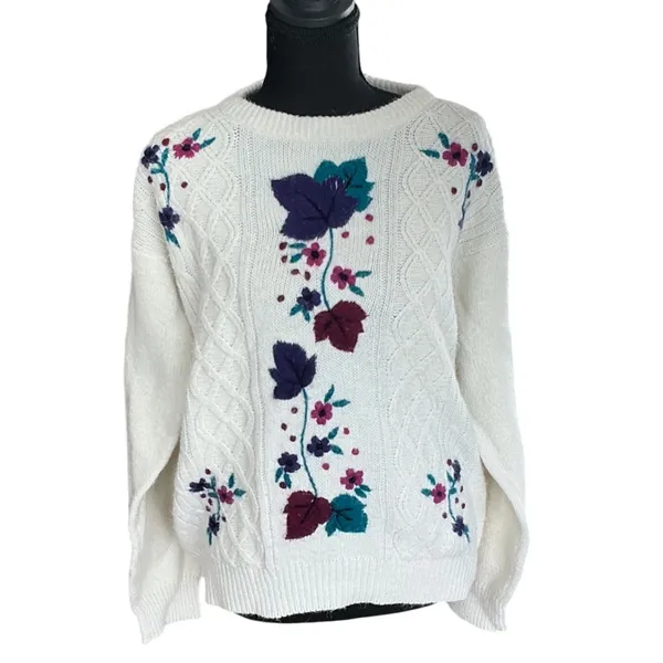 Vintage 90's Cottagecore Grandma cable knit‎ sweater embroidered floral Large - Image 3