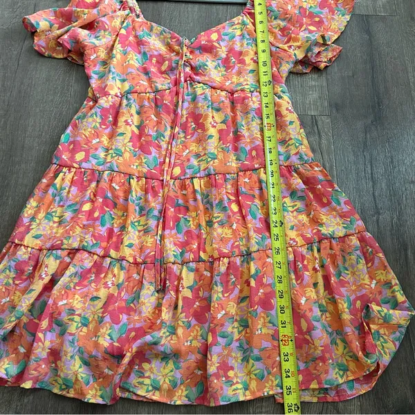 Marissa Olivia Red Orange Floral Flutter Sleeve Peasant Smocked Mini Dress L - Image 11