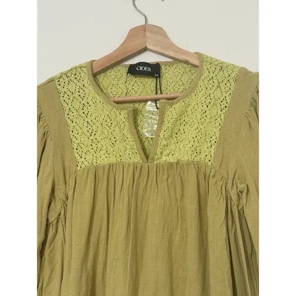 Cider Crochet Peasant Blouse Women’s Size XS Green/Yellow Boho Cottagecore NWOT - Image 3