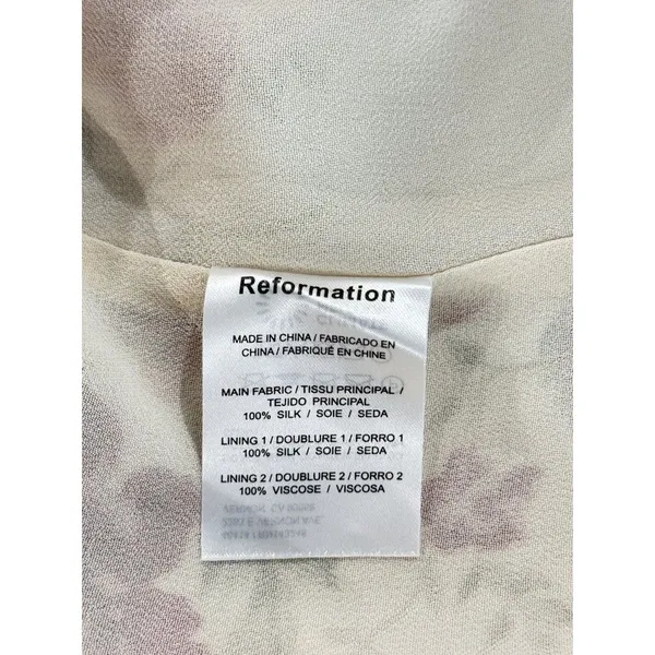 Reformation Mini Dress Beige Lanelle Silk Floral Off Shoulder Satin Smocked XS - Image 4