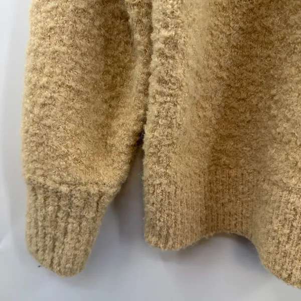Aerie Teddy Boucle Sweater Womens L Tan Camel Fuzzy Oversized V Neck Wool Blend - Image 3