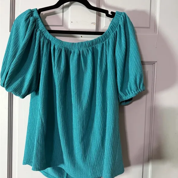 Anthropologie Teal Puff Sleeve Blouse - Image 2