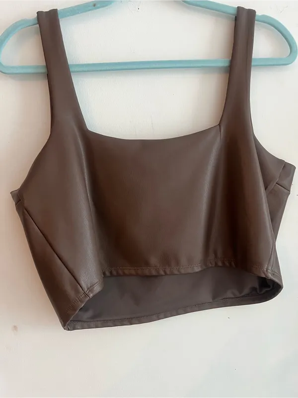 Express Body Contour Faux Leather Square Neck Cropped Tank Top Brown Large - Image 4
