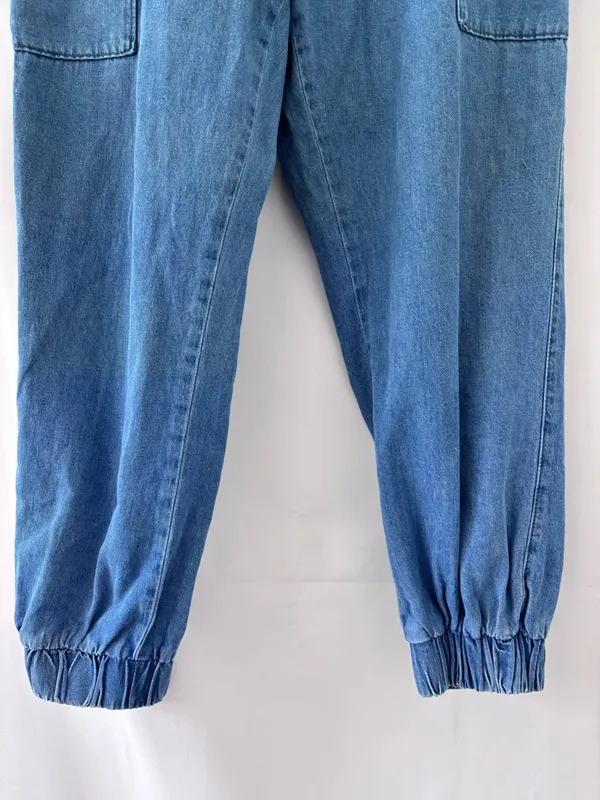Indigo Rein Denim Joggers Size Large – Blue Elastic Waist Cargo Style - Image 3