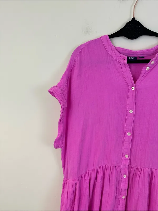 GAP Cotton Gauze Mini Shirtdress Bright Pink Button Front Size XXL - Image 2