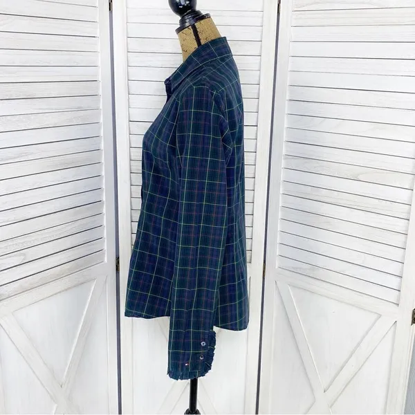 Tommy Hilfiger Plaid Ruffle Cuff Trim Button Front‎ Shirt Green Navy Medium - Image 2