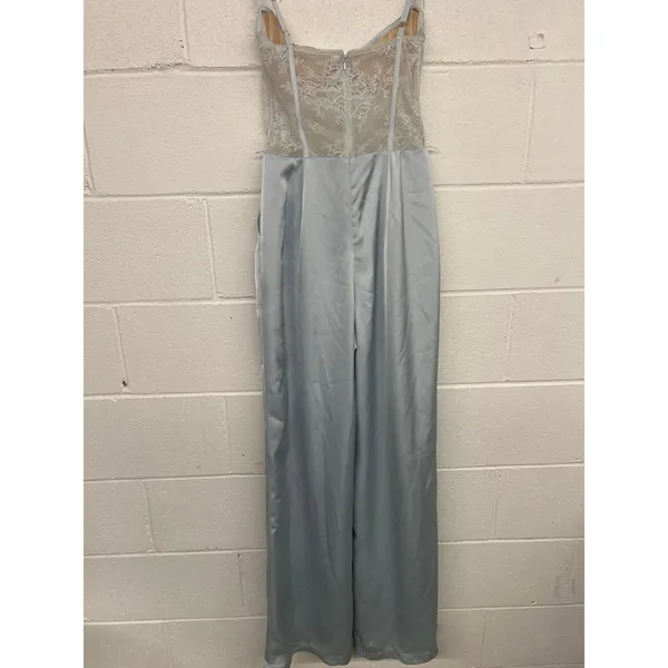 Katie May Sz Small Light Blue Tink Satin Lace Corset Wide Leg Cocktail Jumpsuit - Image 7