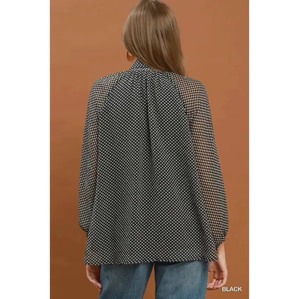 Umgee Dot Print Tie Neck Long Sleeve Blouse - Black - Large - Image 3