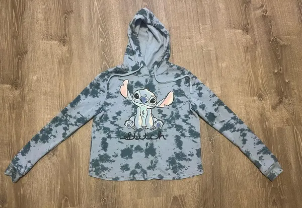 Disney Lilo and Stitch Ohana Blue Tie Dye Boxy Cropped Hoodie Sweatshirt Size S - Image 2