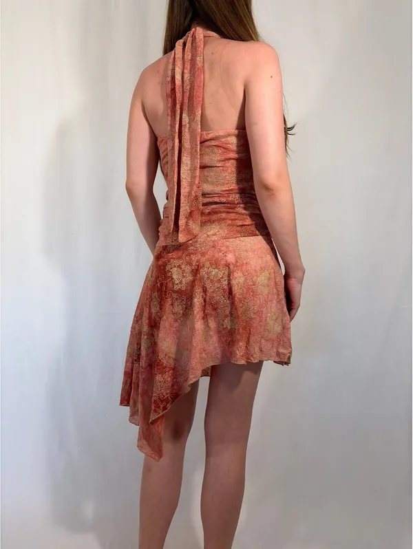 High Neck Y2k Asymmetrical Skirt Orange and Red Sparkly Party Dress - Image 2