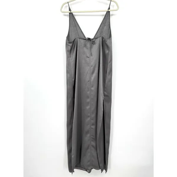 ZARA V-Neck Hammered Satin Maxi Slip Dress Sz L Gray Grunge Luxury Minimalist - Image 2