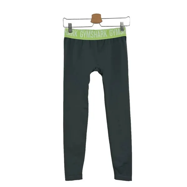 Gymshark Fit Seamless‎ Leggings Gray / Neon Green Waistband Size Medium - Image 3