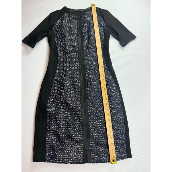 Elie‎ Tahari Women's Black Blue Tweed Dress Zipper Front Short Sleeve - Image 2