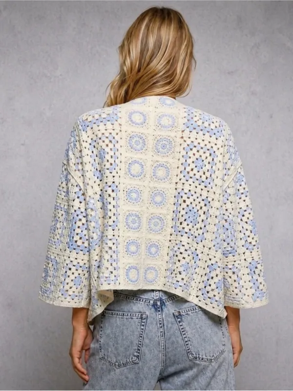 POL Blue Crochet Granny Square Knit Open Cardigan - Image 3