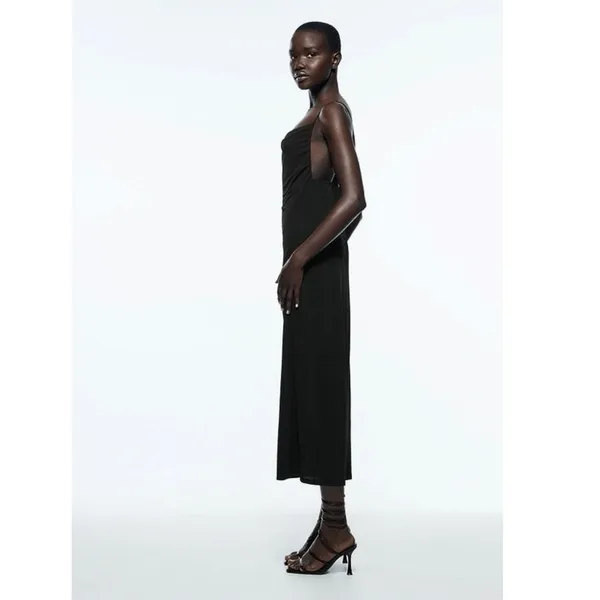 Zara Black Silky Cowl Neck Cami Camisole Midi Backless Tank Slip Dress Size L - Image 2