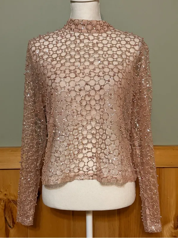 Anthropologie Blue Tassel Sheer Pearl Embellished Glittery Top size Large - Image 2