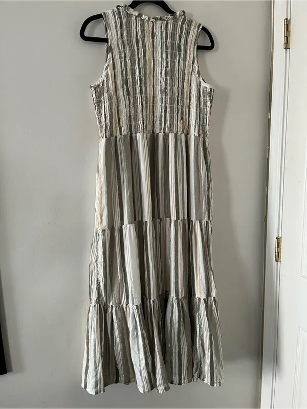 Green White Striped Cotton Tiered Button Up Maxi Dress Small Coastal Resort - Image 8