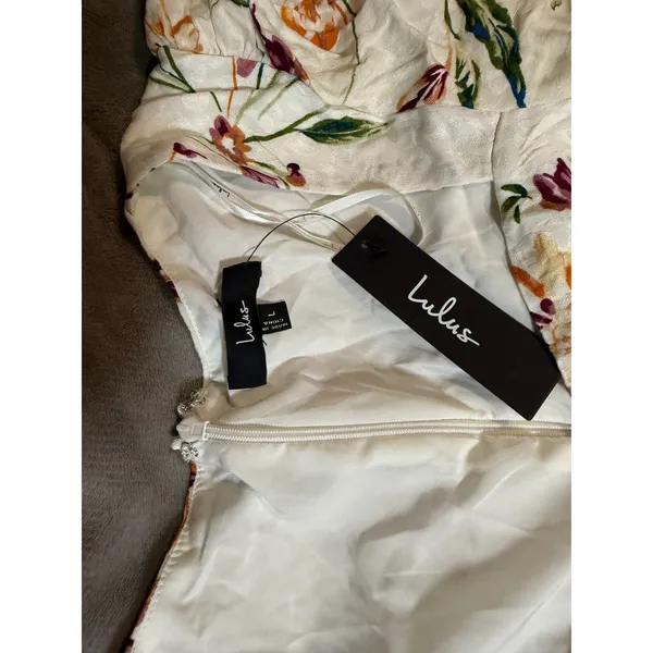 NWT Lulus‎ SZ Large Parisian Picnic Cream Floral Jacquard Puff Sleeve Midi Dress - Image 5